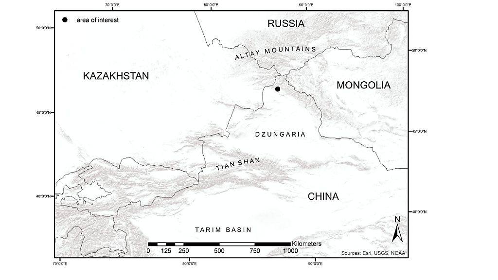 Karte des Forschungsgebiet in Xinjiang in China.