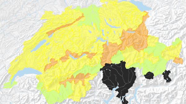 Waldbrandgefahr in der Schweiz von grün (gering) bis schwarz (Feuerverbot im Freien).