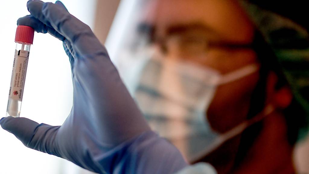 Ein Arzt hält in der Corona-Teststelle am Flughafen Schönefeld einen Abstrich für einen Coronavirus-Test. Foto: Britta Pedersen/dpa-Zentralbild/dpa