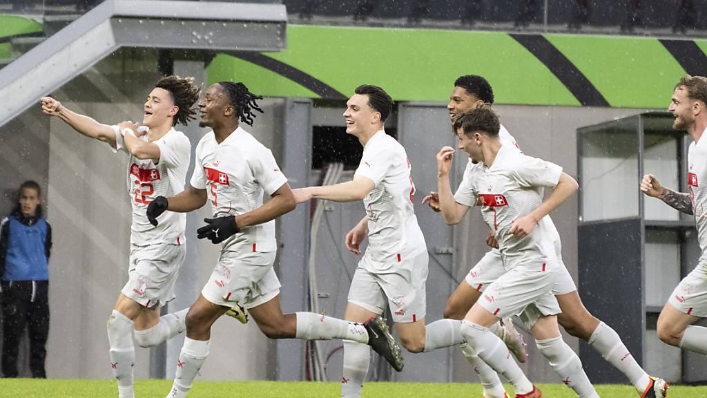 Franck Surdez (22) und seine Teamkollegen feiern das 1:0