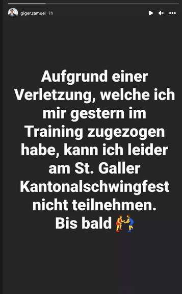 In seiner Instagram-Story gibt Samuel Giger bekannt, dass er nicht am St.Galler Kantonalschwingfest dabei sein kann.