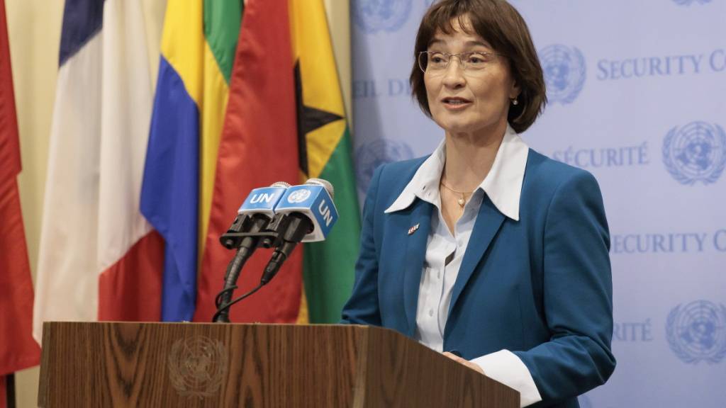 Pascale Baeriswyl bei einem Auftritt am Uno-Hauptquartier in New York im Januar 2023. (Archivbild)