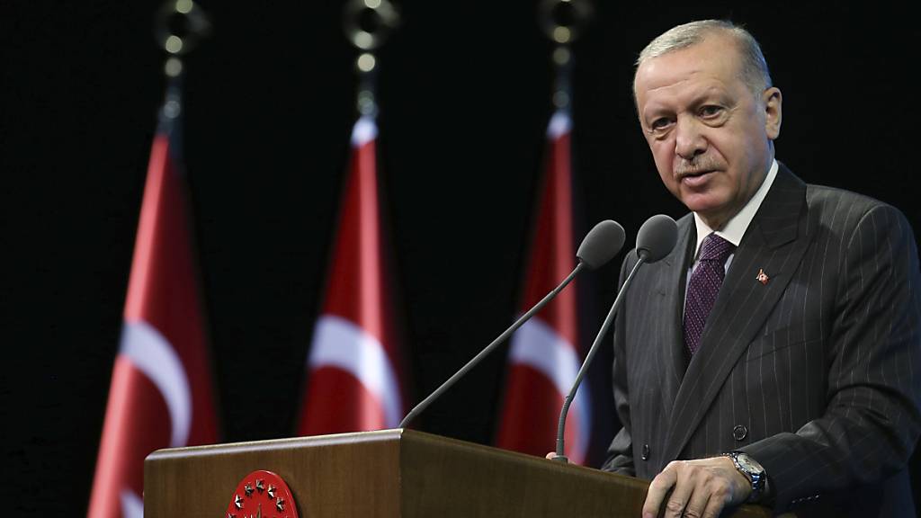 Recep Tayyip Erdogan, Präsident der Türkei, hält während einer Veranstaltung eine Rede. Foto: Uncredited/Turkish Presidency/dpa