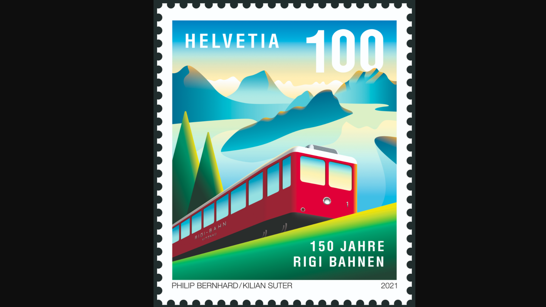 Die neue Briefmarke zum Jubiläum der Rigi Bahnen. 