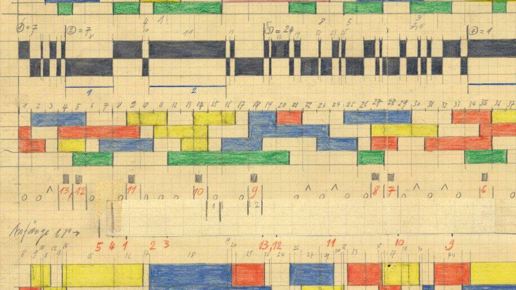 Der Solothurner Komponist Hermann Meier schrieb seine Musik in Form von grossflächigen Grafiken nieder. Ein Teil dieser Partituren ist im Kunstmuseum Solothurn ausgestellt.