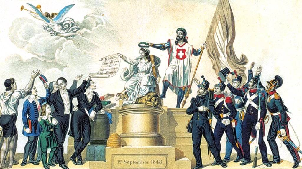 Ausschnitt aus dem Gedenkblatt, das anlässlich der Einführung der Bundesverfassung vom 12. September 1848 erschien. Laut der Ständeratskommission soll der 12. September nicht zum zweiten Nationalfeiertag werden. (Archivbild)