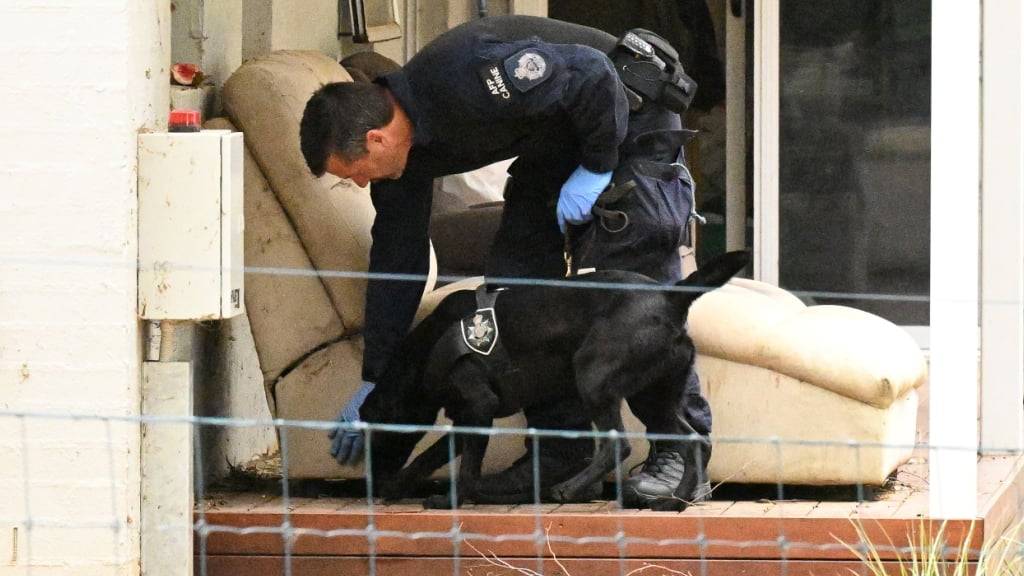 A Police officer and dog are seen at the property of Erin Patterson in Leongatha, Victoria, Thursday, November 2, 2023. Erin Patterson has been arrested at her home as part of a probe into suspected mushroom poisoning that left three people dead and another seriously ill. (AAP Image/James Ross) NO ARCHIVING