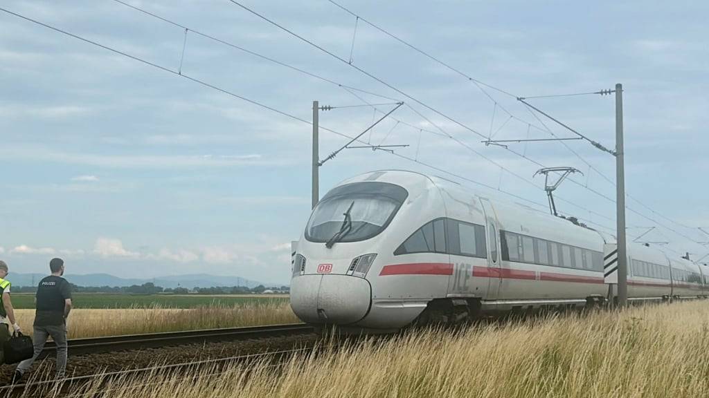 Polizeibeamte gehen zu dem ICE, in dem ein Mann in Niederbayern mehrere Passagiere angegriffen hat. Foto: Ute Wessels/dpa