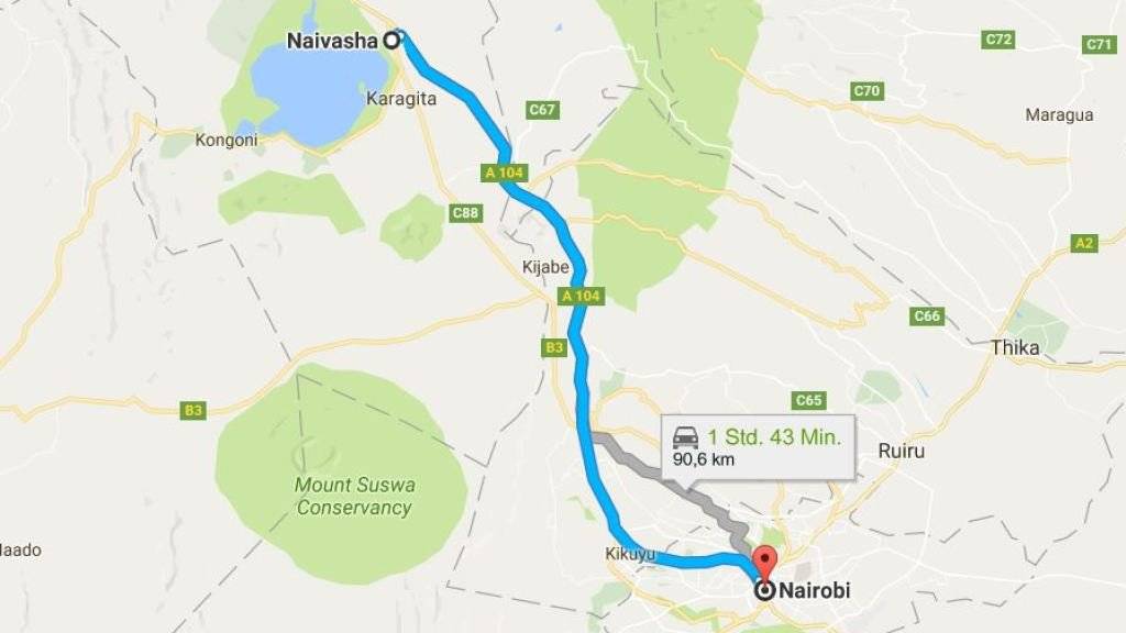 Auf der Autobahn zwischen den kenianischen Städten Nairobi und Naivasha ist ein Tanklastwagen explodiert. (Bild googlemaps)