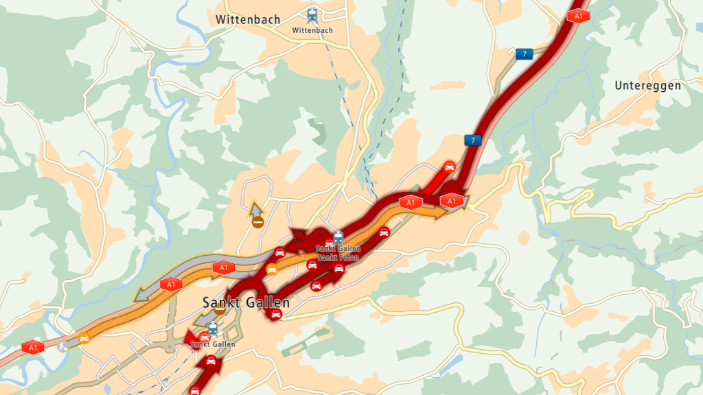 Puff auf der St.Galler Stadtautobahn, am Dienstag gab es zwei Unfälle. (Bild: Screenshot: mydrivetomtom.com)