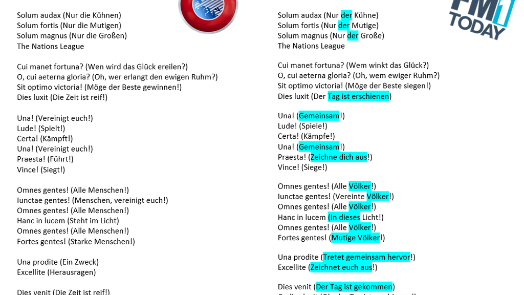 Die Übersetzungen im Vergleich. Grosse Unterschiede wurden blau markiert. (UEFA/Clemens Müller)