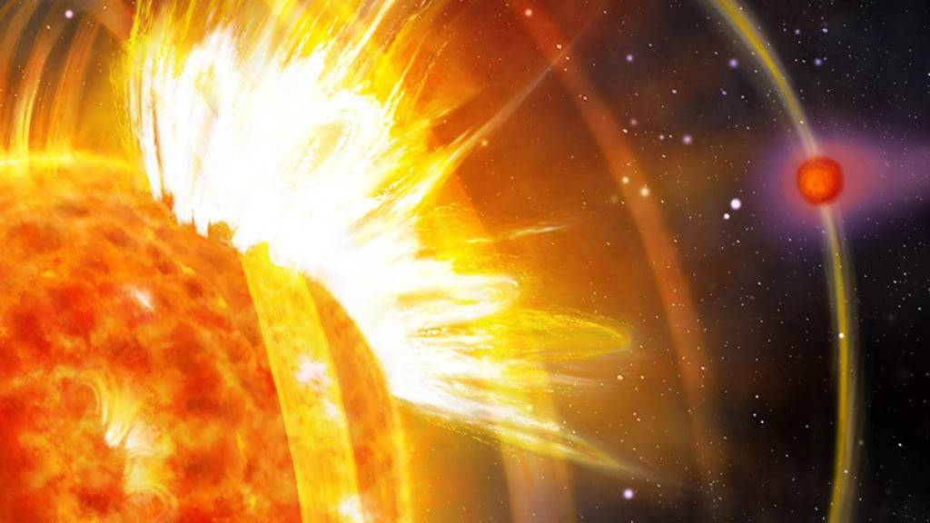 Der Exoplanet HIP 67522 b, der auf dieser Illustration abgebildet ist, löst Sonneneruptionen aus, die ihn schlussendlich selbst zerstören.