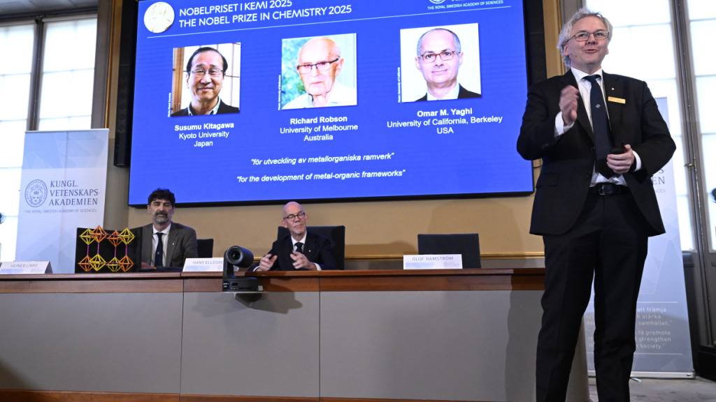 Auf dem Bildschirm, als die Empfänger des Nobelpreises für Chemie. Foto: Fredrik Sandberg/TT News Agency/AP/dpa