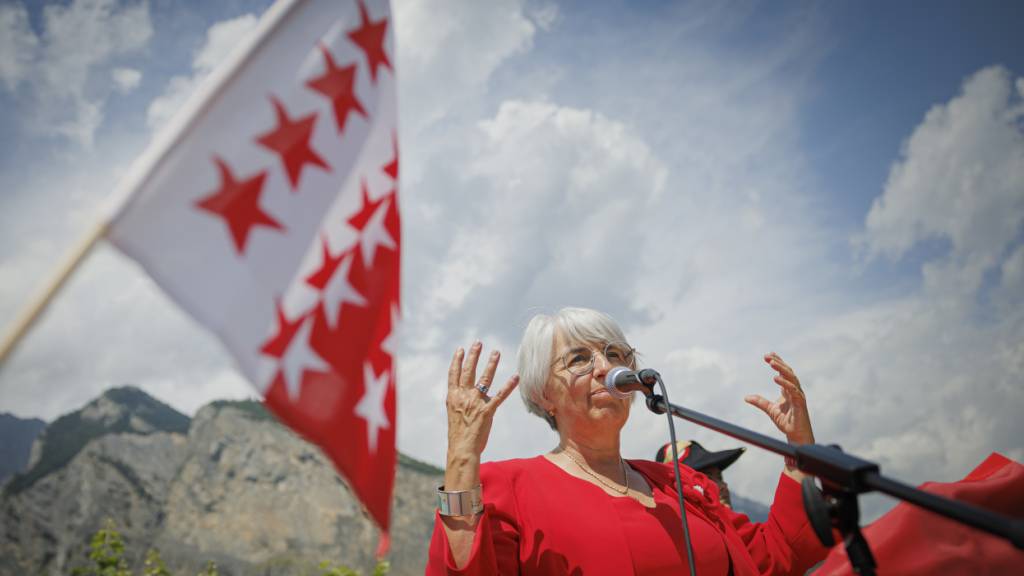 Bundesrätin Baume-Schneider sprach am Nationalfeiertag 2024 in Saint-Pierre-de-Clages VS. Einen Tag zuvor musste in Rorschach SG die Feier abgesagt werden. (Archivbild)