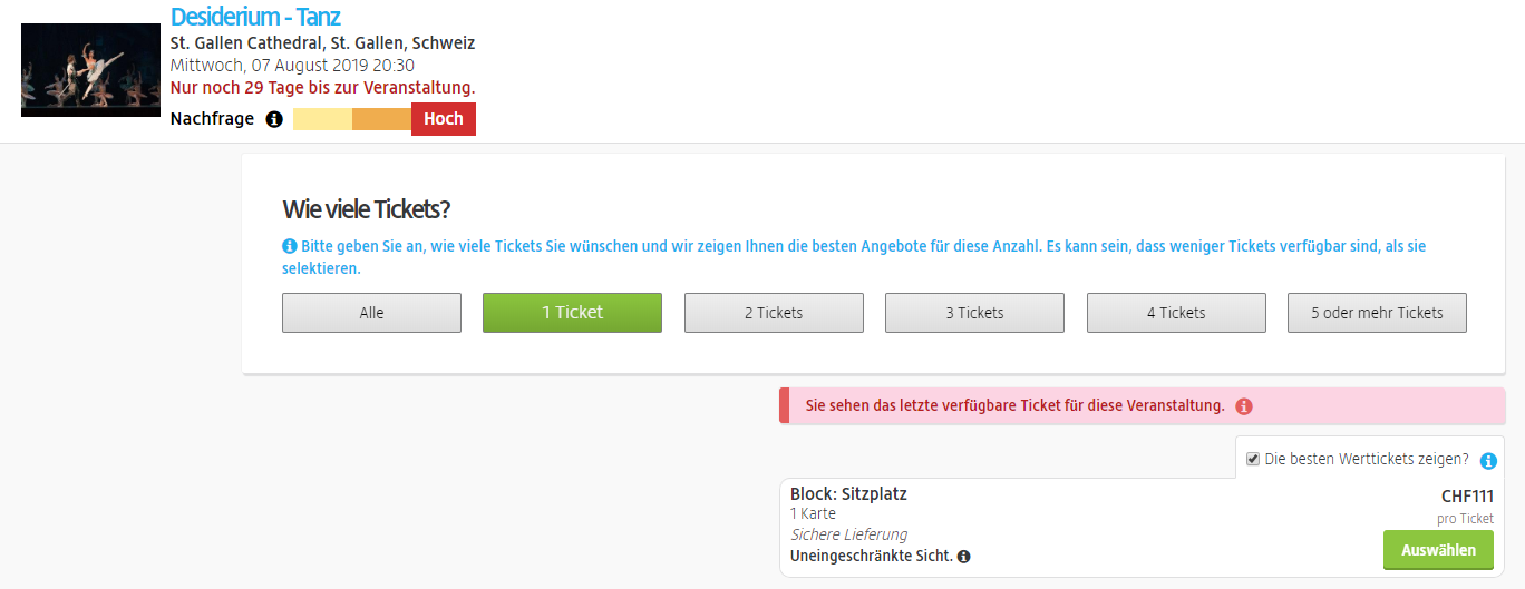 Die erfundene Vorstellung kann für 111 Franken pro Ticket besucht werden. (Screenshot: viagogo.ch)