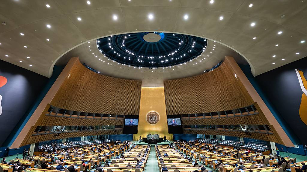 Bundespräsident Frank-Walter Steinmeier spricht in der 76. Generaldebatte der UN-Vollversammlung im Hauptquartier der Vereinten Nationen (UN). Foto: Bernd von Jutrczenka/dpa