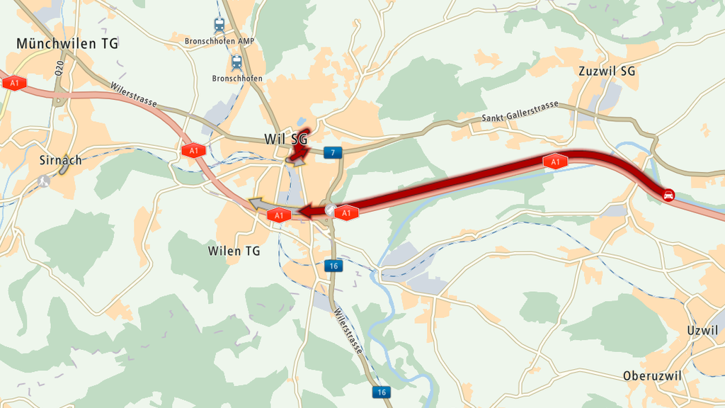 Auf der Autobahn A1 vor Wil ist am Dienstagabend Geduld gefragt. 
 (Screenshot: mydrive.tomtom.com)