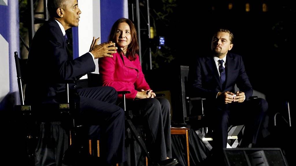Barack Obama, Leonardo DiCaprio und Dr. Katharine Hayhoe diskutierten am Montag über den Klimawandel.