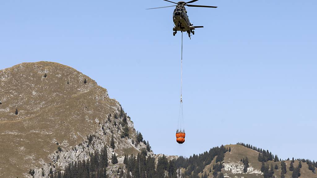 Nach Einsätzen im Freiburgischen transportieren Helikopter der Armee nun auch Wasser auf Alpen im Berner Oberland. (Archivbild).