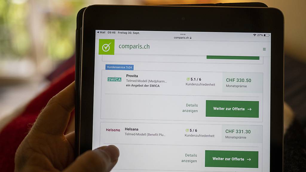 Eine wichtige Entscheidung im langjährigen Streit zwischen der Eidgenössischen Finanzaufsicht Finma und Comparis ist gefallen: Die Finma hat Comparis als Versicherungsvermittler klassifiziert. (Im Bild Krankenkassenverleich von Comparis, fotografiert am Freitag, 30. September 2022)