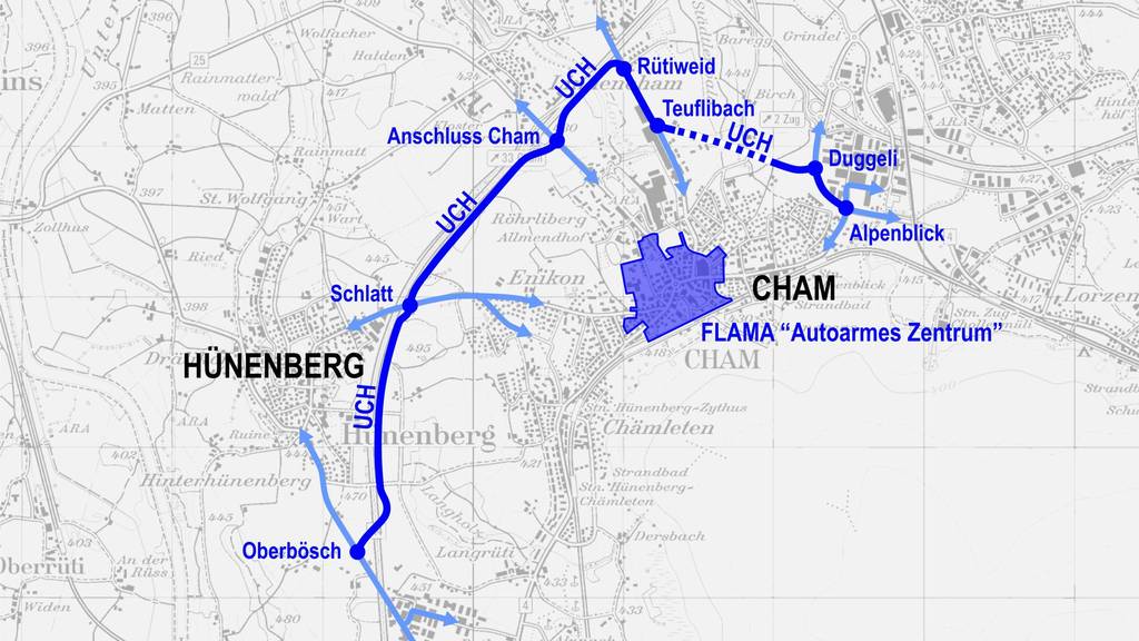 Die Umfahrungsstrasse Cham-Hünenberg auf der Karte