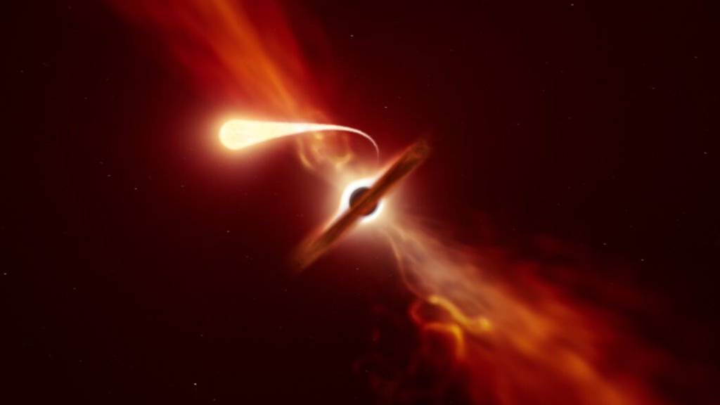 Künstlerische Darstellung eines Sterns, der durch die Gezeitenwirkung eines schwarzen Lochs eine «Spaghettisierung» erfährt.