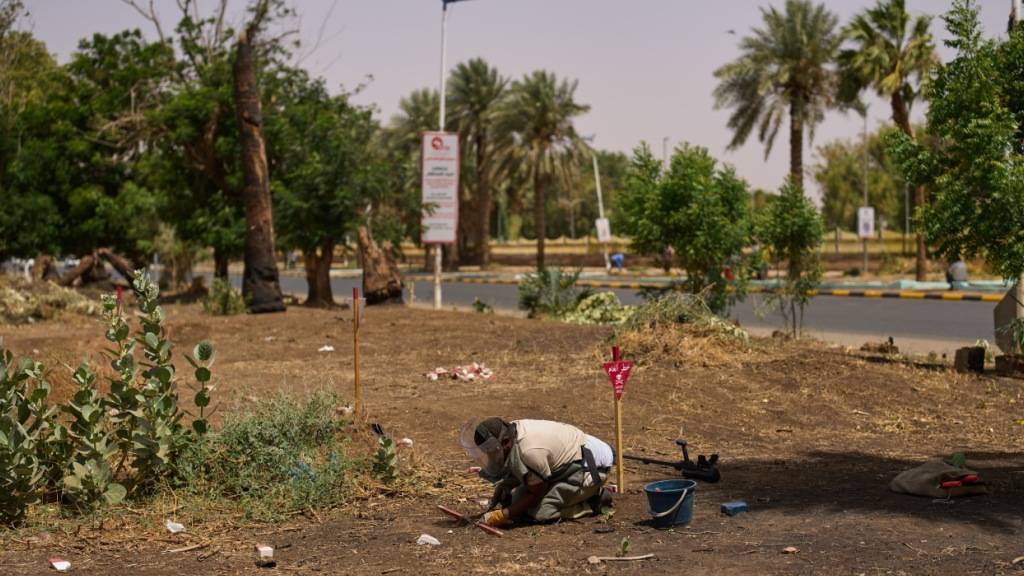 Ein Mitglied des Entminungsteams der Nichtregierungsorganisation Jasmar arbeitet auf einem Gelände, das von Minen gesäubert wird. Foto: Bernat Armangue/AP/dpa