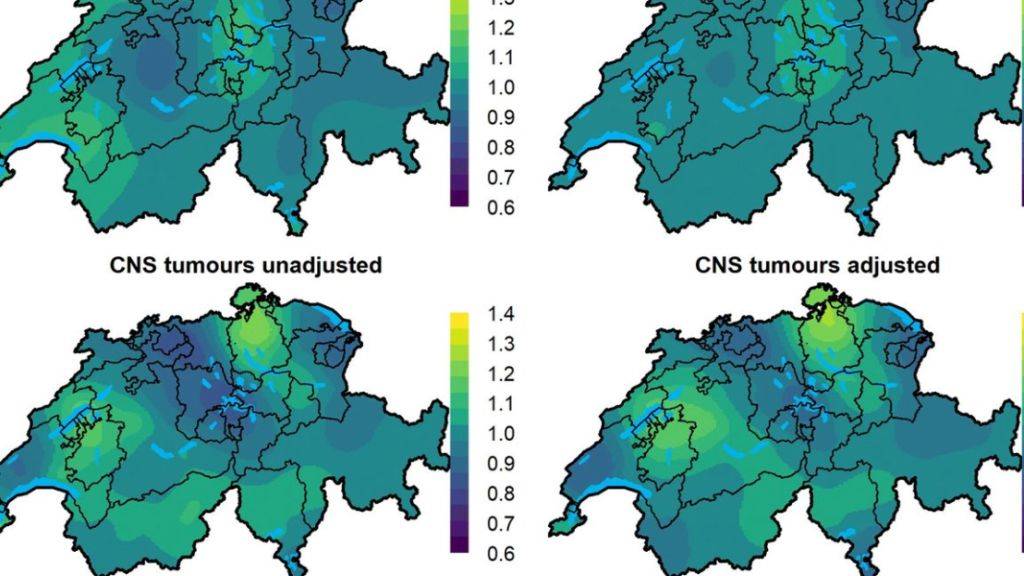 Geografische Verteilung von Lymphom (oben) und Hirntumor (unten) bei Kindern. Die hellgrünen Stellen unten markieren die beiden Risikogebiete Nördliches Zürich und Seeland. (Pressebild)