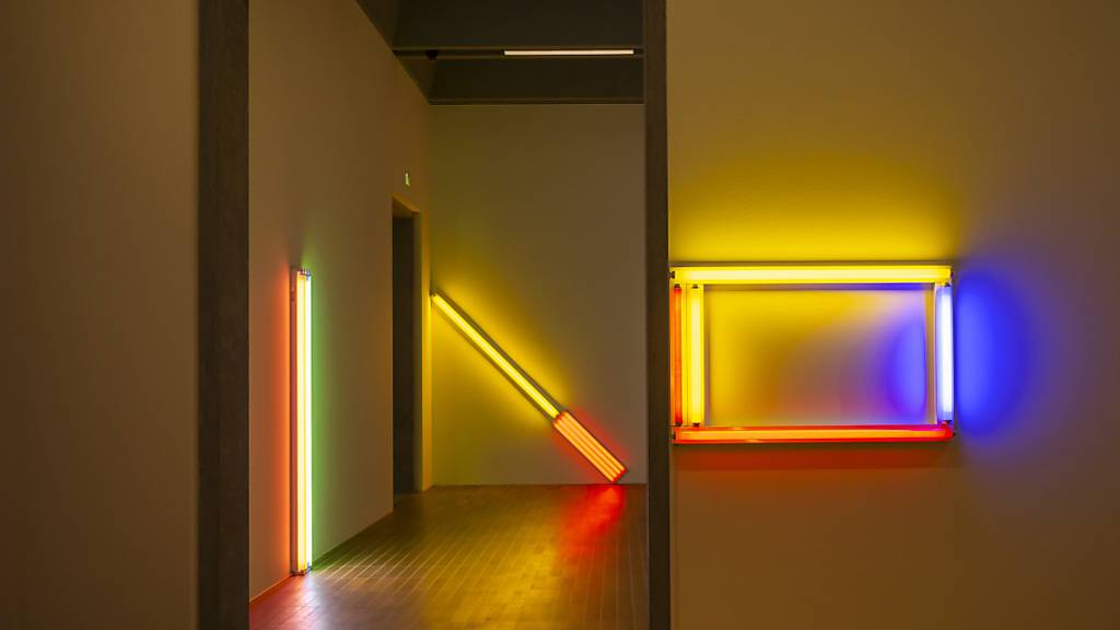 Lichtinstallationen von Dan Flavin in dessen Retrospektive  «Dan Flavin - Widmungen aus Licht» im Kunstmuseum Basel.