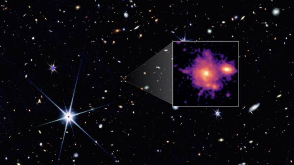 Dieses Bild von Zhúlóng, der am weitesten entfernten Spiralgalaxie, die bisher entdeckt wurde, zeigt ihre gut definierten Spiralarme.