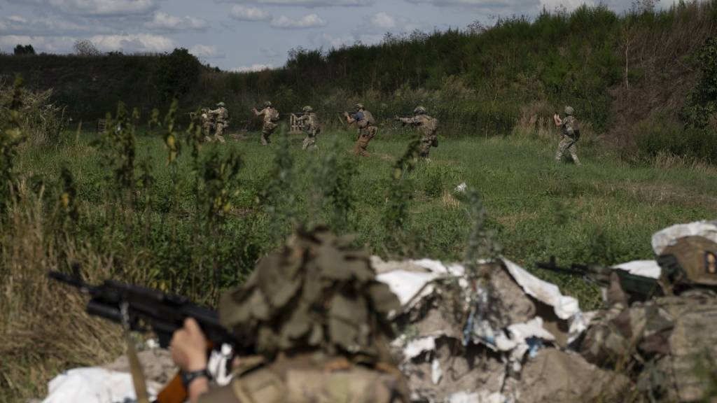 Ukrainische Freiwillige üben für den Kampf auf einem Übungsplatz am Stadtrand von Kiew. Foto: Bram Janssen/AP/dpa