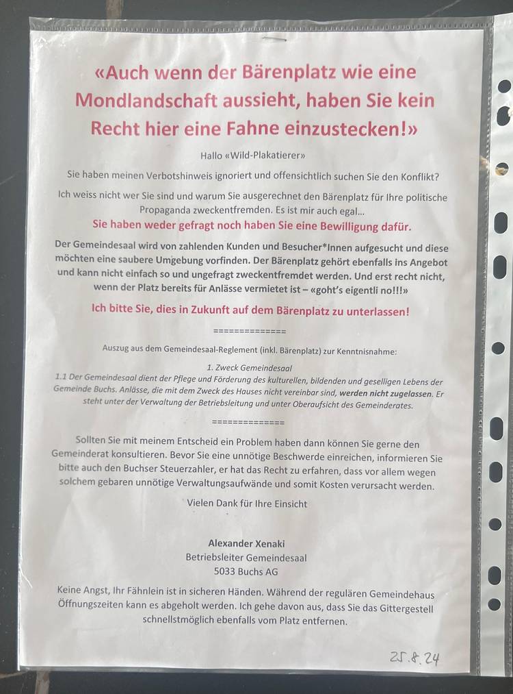 Mit diesem Plakat reagierte der Gemeindesaal-Betriebsleiter auf die «Wild-Plakatierer».