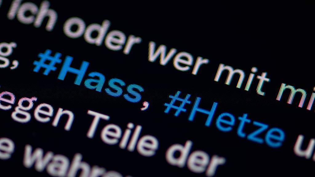 ILLUSTRATION - Auf dem Bildschirm eines Smartphones sieht man die Hashtags (#) Hass und Hetze in einem Post auf Twitter (heute X). Foto: Fabian Sommer/dpa