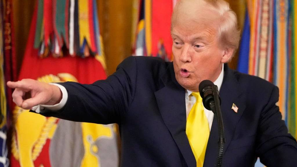 US-Präsident Donald Trump spricht bei einer Veranstaltung anlässlich des National Purple Heart Day im East Room des Weißen Hauses. Foto: Mark Schiefelbein/AP/dpa