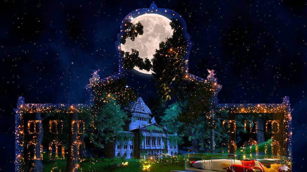 Im Oktober und November wird das Bundeshaus von kräftigen Baumwurzeln und bunten Pilzen überwuchert, in blaues Mondlicht getaucht und mit kunstvollen Spinnennetzen überzogen. (Visualisierung der Show «Mystic» von Rendez-vous Bundesplatz)