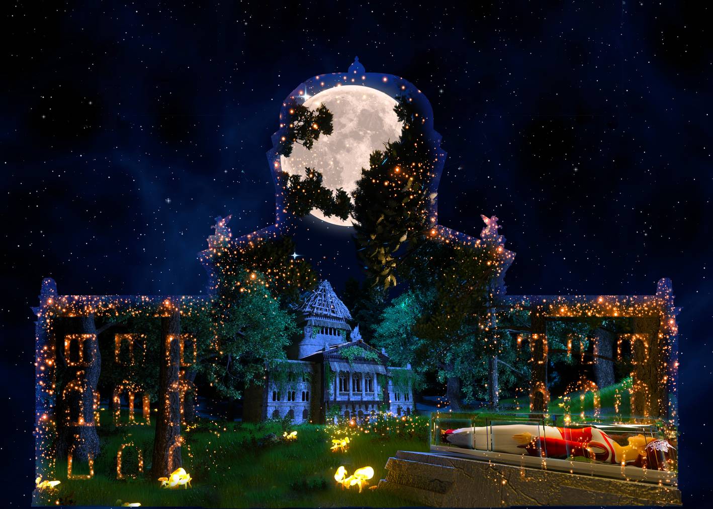 Im Oktober und November wird das Bundeshaus von kräftigen Baumwurzeln und bunten Pilzen überwuchert, in blaues Mondlicht getaucht und mit kunstvollen Spinnennetzen überzogen. (Visualisierung der Show «Mystic» von Rendez-vous Bundesplatz)