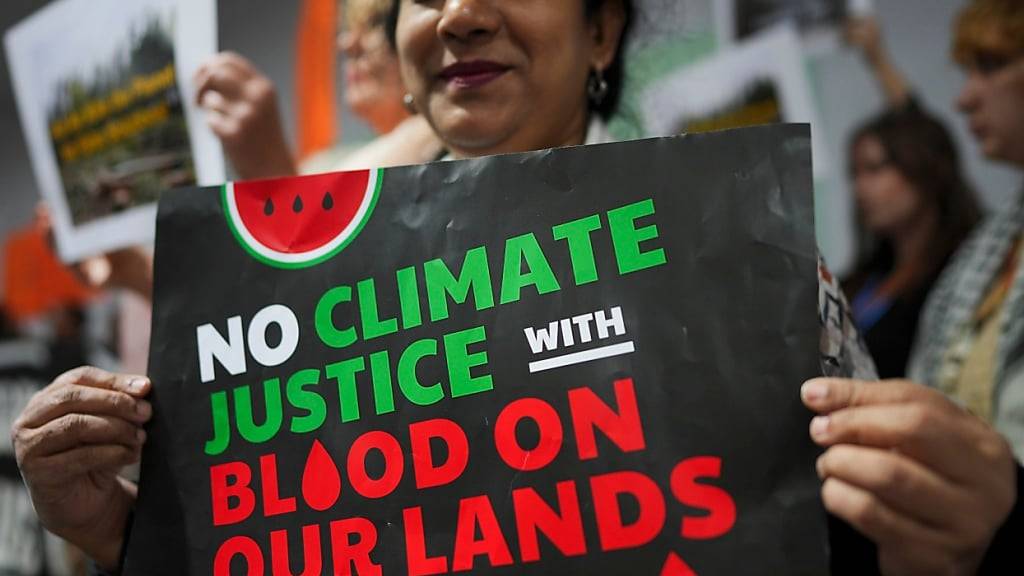 Aktivisten nehmen mit Schildern mit der Aufschrift «No Climate Justice with Blood on our Lands» an einer Demonstration für Klimagerechtigkeit auf dem Cop29-Klimagipfel teil. Foto: Peter Dejong/AP/dpa