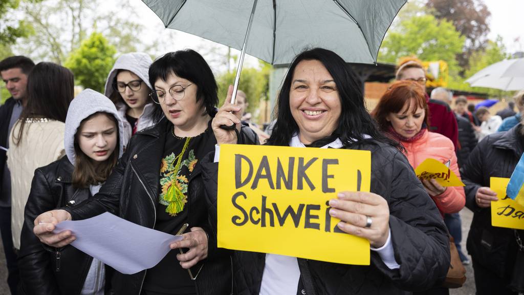 Ukrainische Flüchtlinge an einer Solidaritätskundgebung in Bern 2022.
