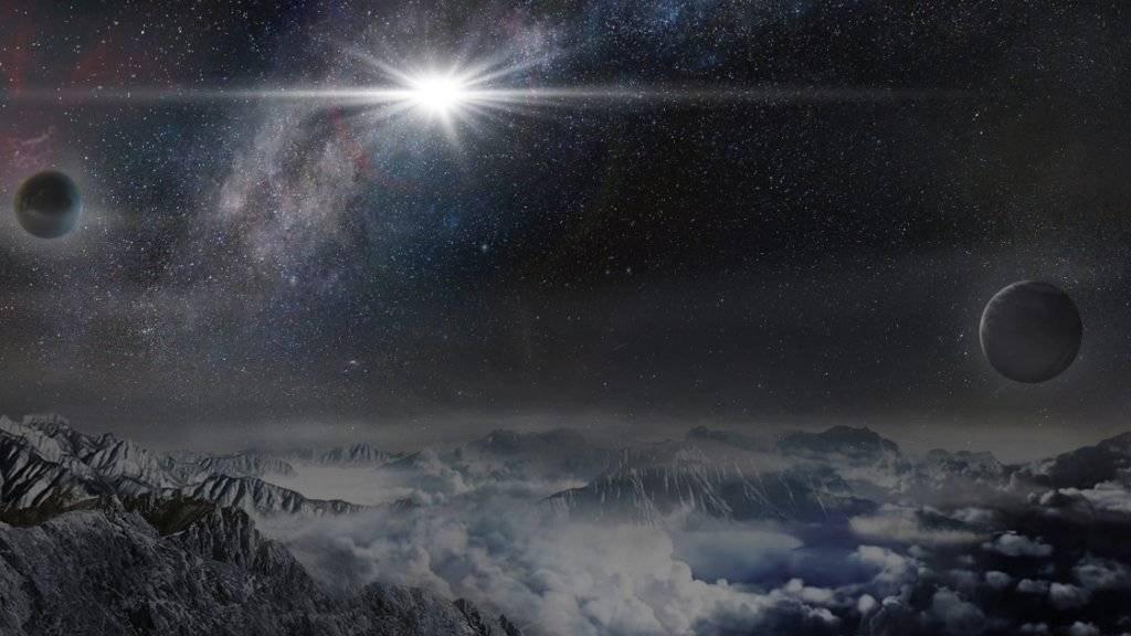 Künstlerische Darstellung der Rekord-Supernova, wie sie von einem etwa 10'000 Lichtjahre entfernten Exoplaneten in der Heimatgalaxie der Explosion ausgesehen haben könnte.