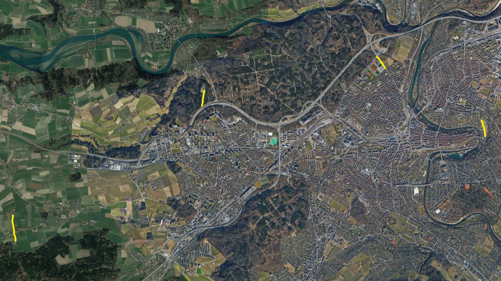 An diesen vier gelb markierten Orten kannst du dieses Jahr in der Stadt Bern schlitteln gehen.