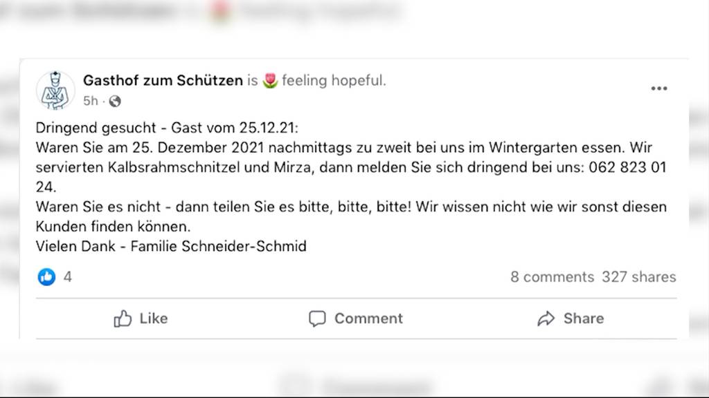 Aufruf: Gasthof Schützen in Aarau sucht dringend 2 Gäste