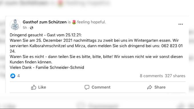 Aufruf: Gasthof Schützen in Aarau sucht dringend 2 Gäste
