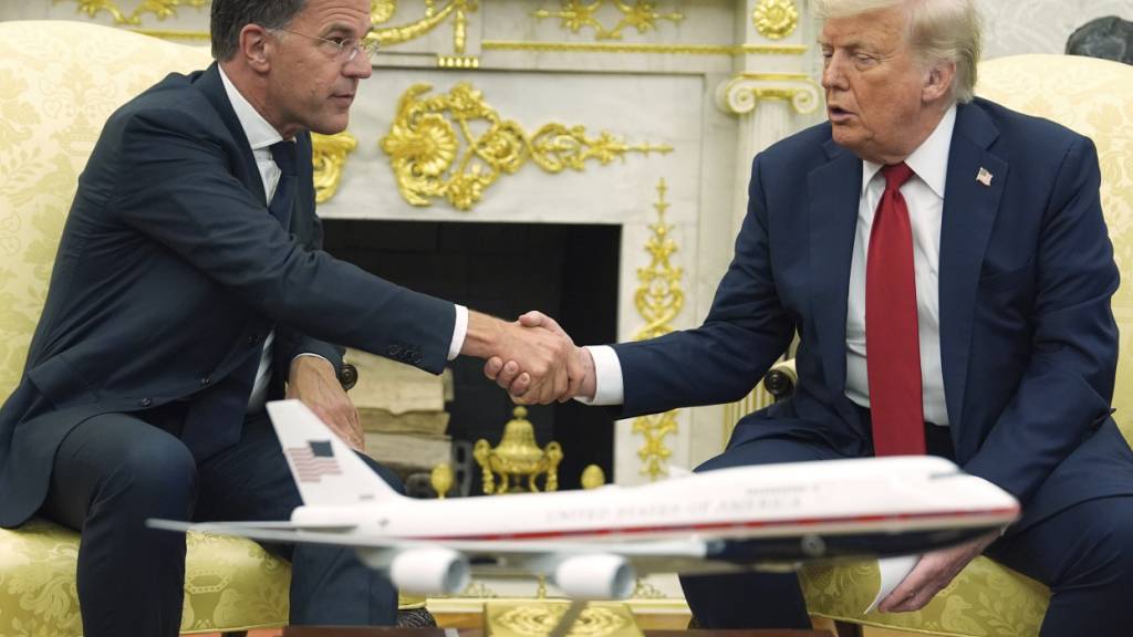 ARCHIV - US-Präsident Donald Trump (r) schüttelt die Hand von NATO-Generalsekretär Mark Rutte während eines Treffens im Oval Office des Weißen Hauses. Foto: Evan Vucci/AP/dpa