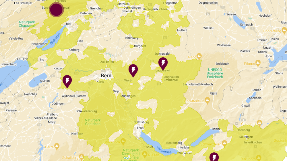 Auf der Karte der BKW sind an mehreren Orten Störungen im Stromnetz zu sehen.