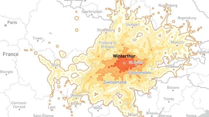 Reichweite per Zug von Winterthur aus. Jede Farbstufe entspricht einer Stunde.