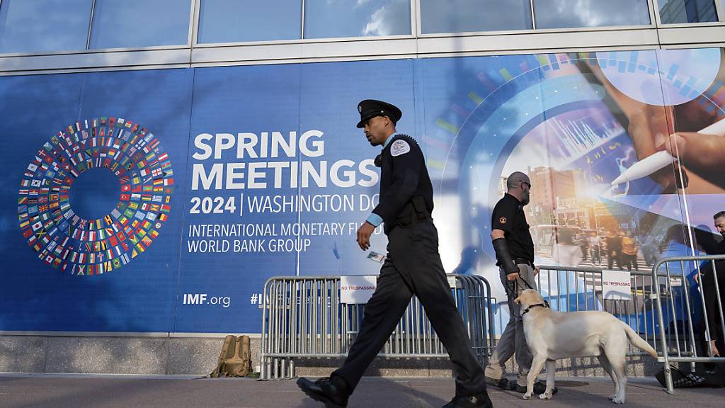Der Schweizer «Too big to fail»-Ansatz fand beim IWF Anklang: Polizist vor dem Banner des Anlasses in Washington.