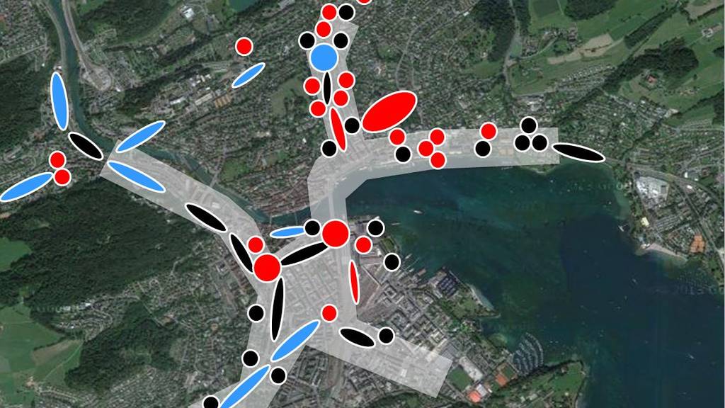 Übersicht über die verkehrsentlastenden Massnahmen in der Stadt Luzern.
Schwarz = bereits bestehende Massnahmen
Blau = Geplante Massnahmen bis 2018
Rot = Zusätzliche Massnahmen