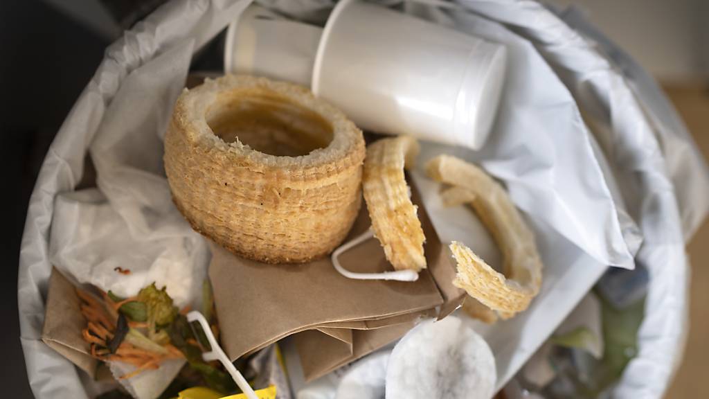 Pro Kopf und Jahr landen in der Schweiz 300 Kilogramm einwandfreie Lebensmittel in der Mülltonne: Essensreste und andere Abfälle in einem Mülleimer. (Themenbild)