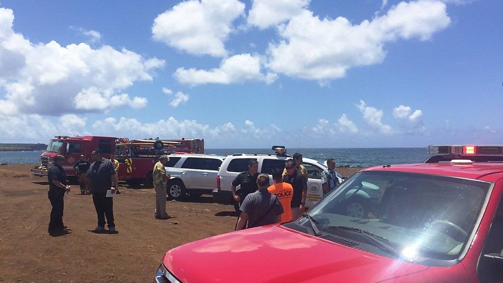Feuerwehrleute und Rettungskräfte versammeln sich beim Absturzort des Kleinflugzeugs auf Hawaii.