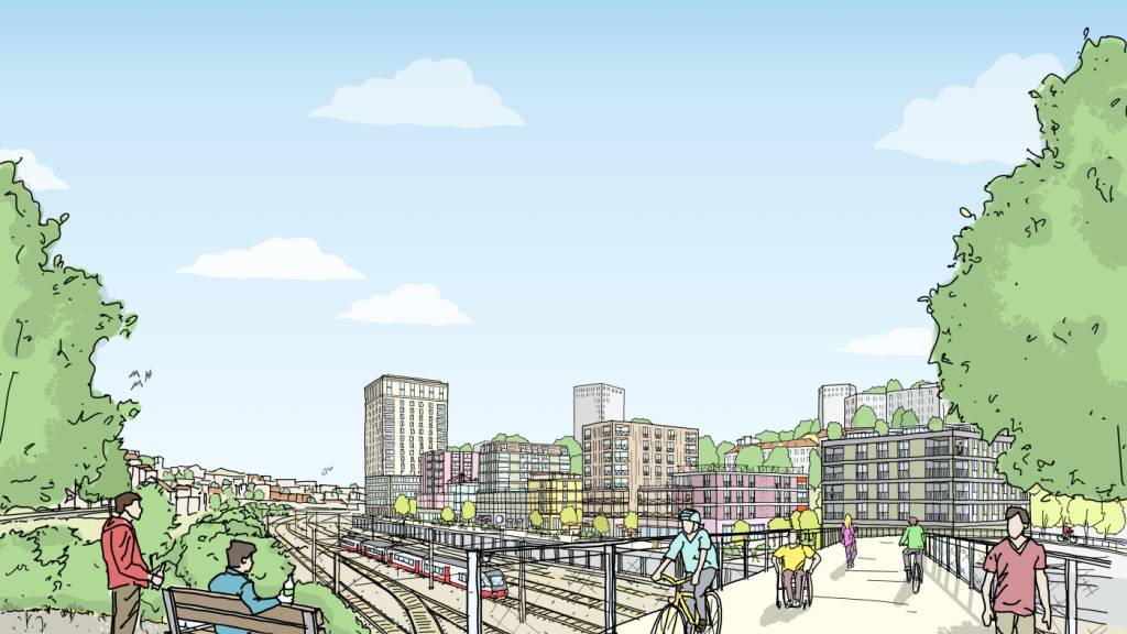 Die SBB werden die Zürcher S-Bahnen künftig in Schaffhausen warten. Für die Stadt Schaffhausen ist das die Gelegenheit, das Güterareal zu überbauen. Auf dem Hallendach soll gewohnt und gearbeitet werden.